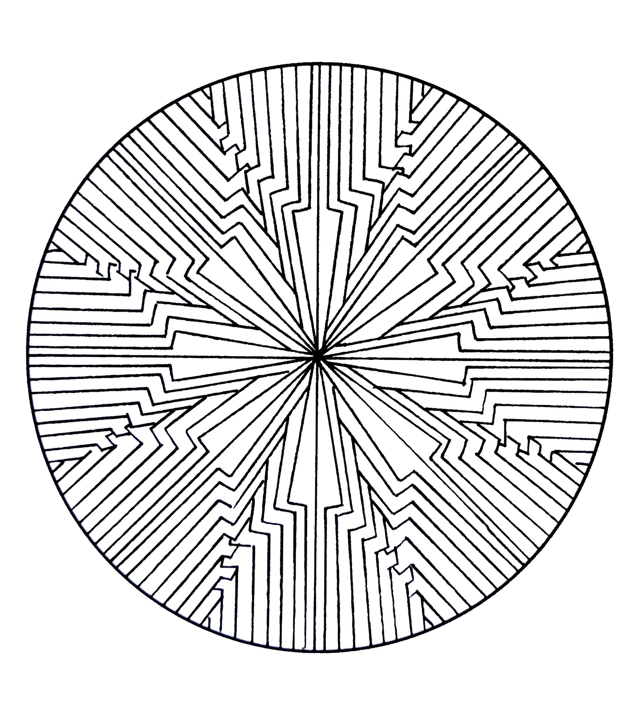 Mandala à colorier de forme géométrique représentant une fleur au centre. Assez simple à colorier.